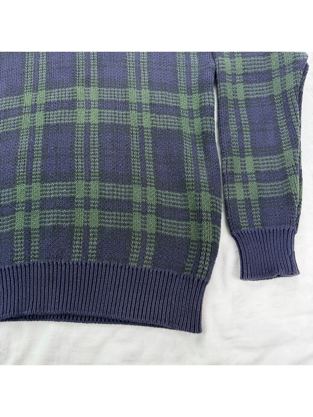 Vintage Woods & Gray Mens M Plaid Sweater Navy Green Cotton Knit 90s Grandpa - Picture 6 of 10